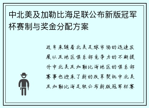 中北美及加勒比海足联公布新版冠军杯赛制与奖金分配方案 中北美及加勒比海足联公布新版冠军杯赛制与奖金分配方案